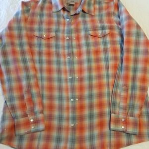 Wrangler Women's Coral and Gray  Plaid Button Down Shirt With Metallic Accent